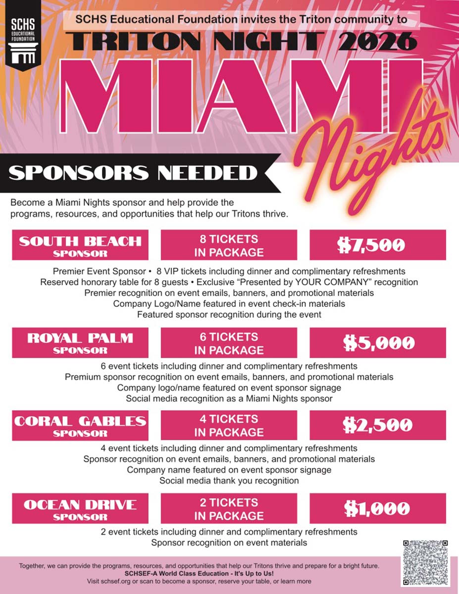 Graphic detailing sponsorship levels for Triton Night 2026 event: Miami Nights